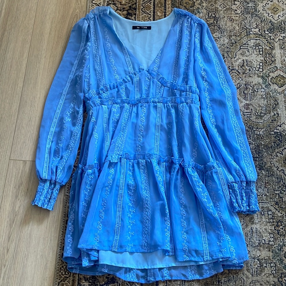Strut & Bolt Fit and Flare Blue Dress L Embroidered Smocked Cuff Long Sleeves